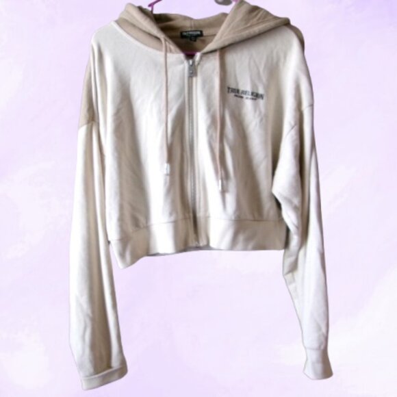 True Religion Brand Jeans cropped hoodie sweatshirt in beige/khaki size medium. - Picture 1 of 9
